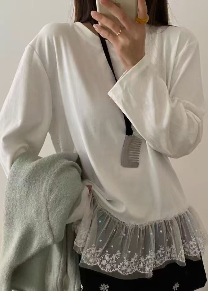 Casual Weiß O Neck Spitze Patchwork Baumwolle T Shirts Top Frühling YF001