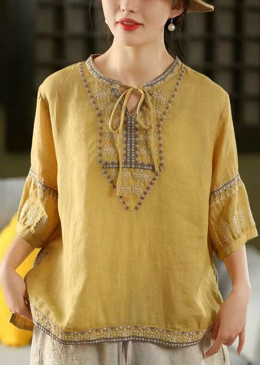 Tie Neck Casual Embroidered Sleeve Half Linen Blouses Yellow