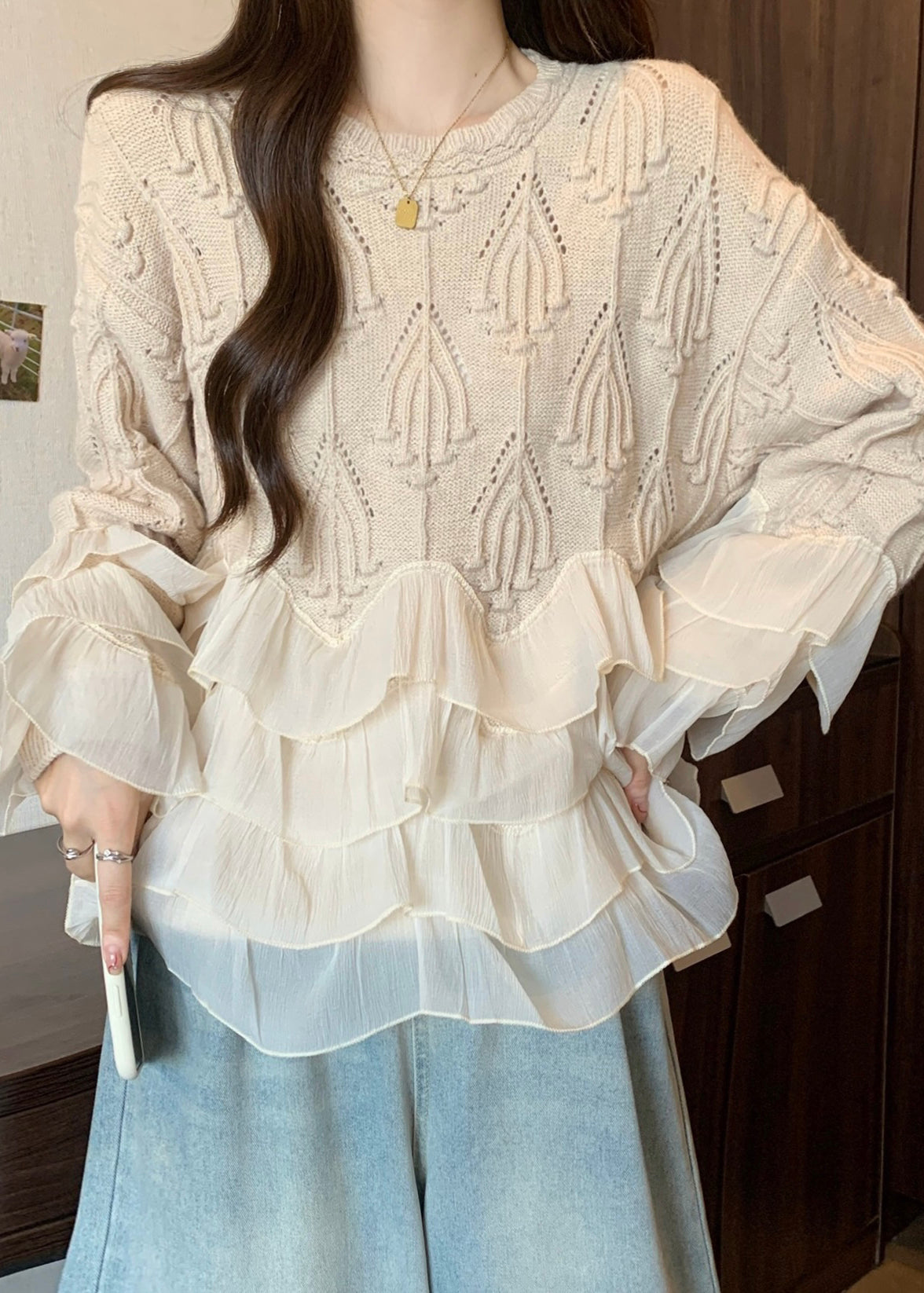 Pull chic en maille patchwork à volants abricot pour l'automne WN032