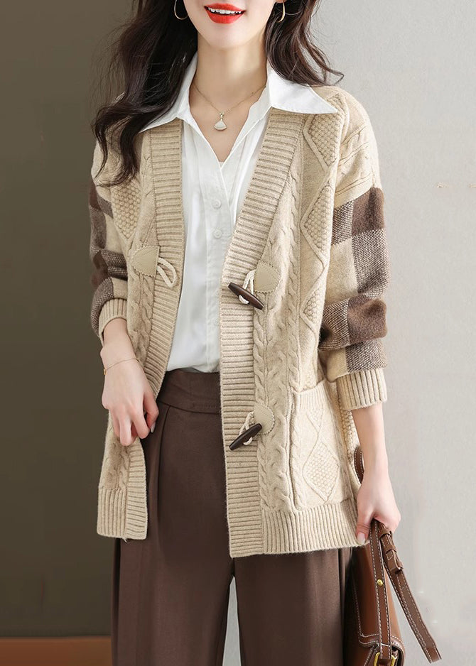 Schicke beige V-Ausschnitt Knopf Patchwork Strick Cardigans Herbst QS007