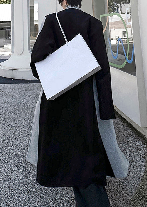 Trench-coat chic en laine noire avec poches boutonnées et patchwork pour homme, hiver, RO051