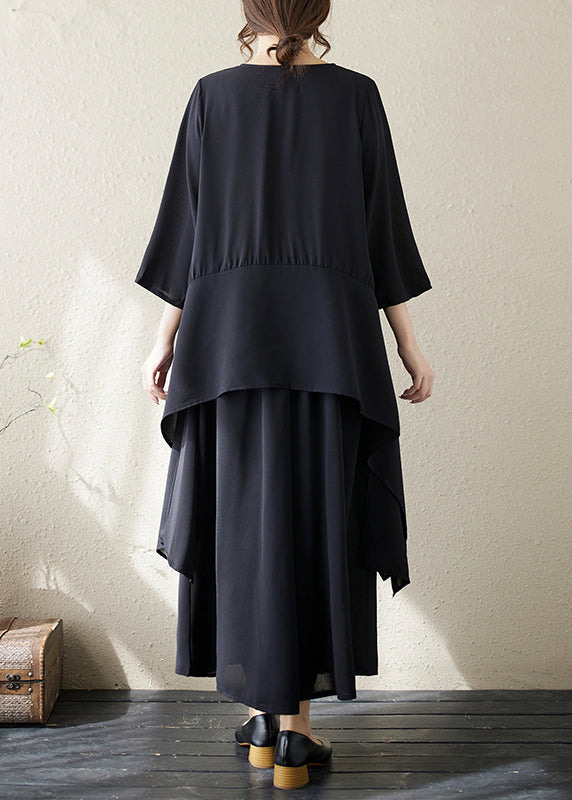 Ensemble deux pièces en mousseline asymétrique à col rond noir chic été AP046