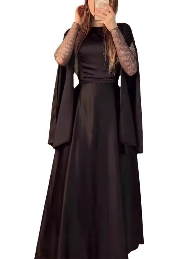 Schickes schwarzes O-Ausschnitt-Patchwork-Slim-Fit-Seidenkleid Herbst WO055