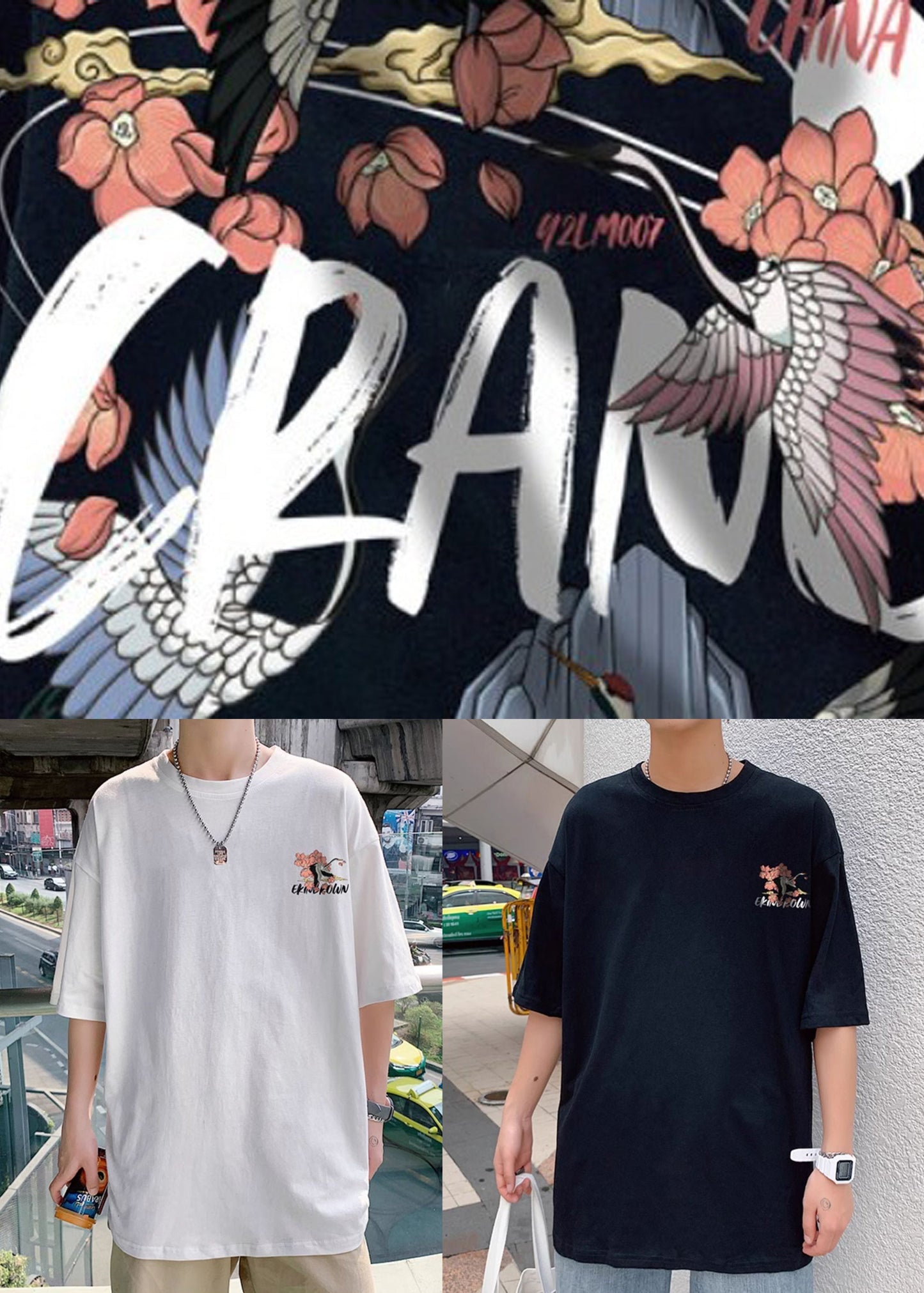 T-shirt en coton imprimé Chic O Summer pour homme, col oversize, noir