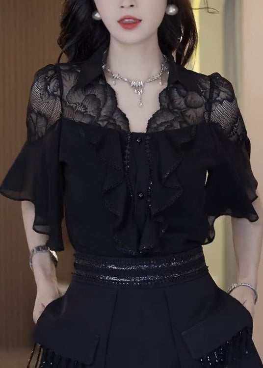 Outfits Patchwork Sommer Schwarz Zwei Stück Chic Set Rüschen Spitze