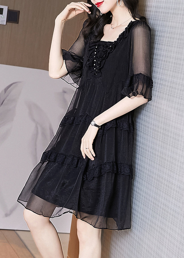 Schickes schwarzes Chiffon-Patchwork-Kleid mit Rüschen