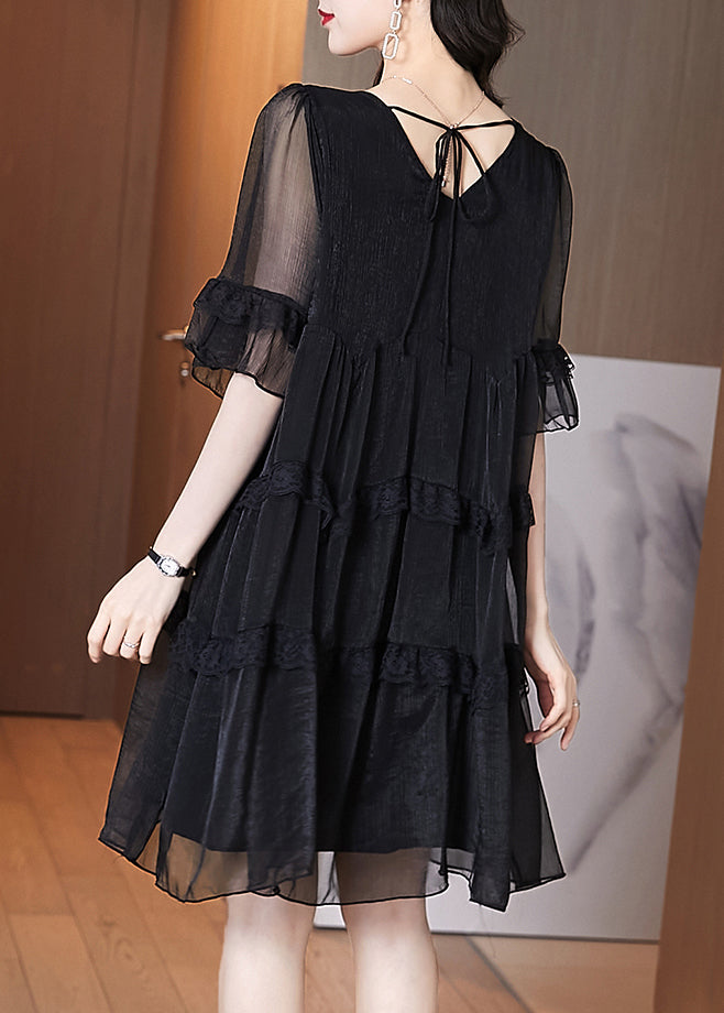 Schickes schwarzes Chiffon-Patchwork-Kleid mit Rüschen