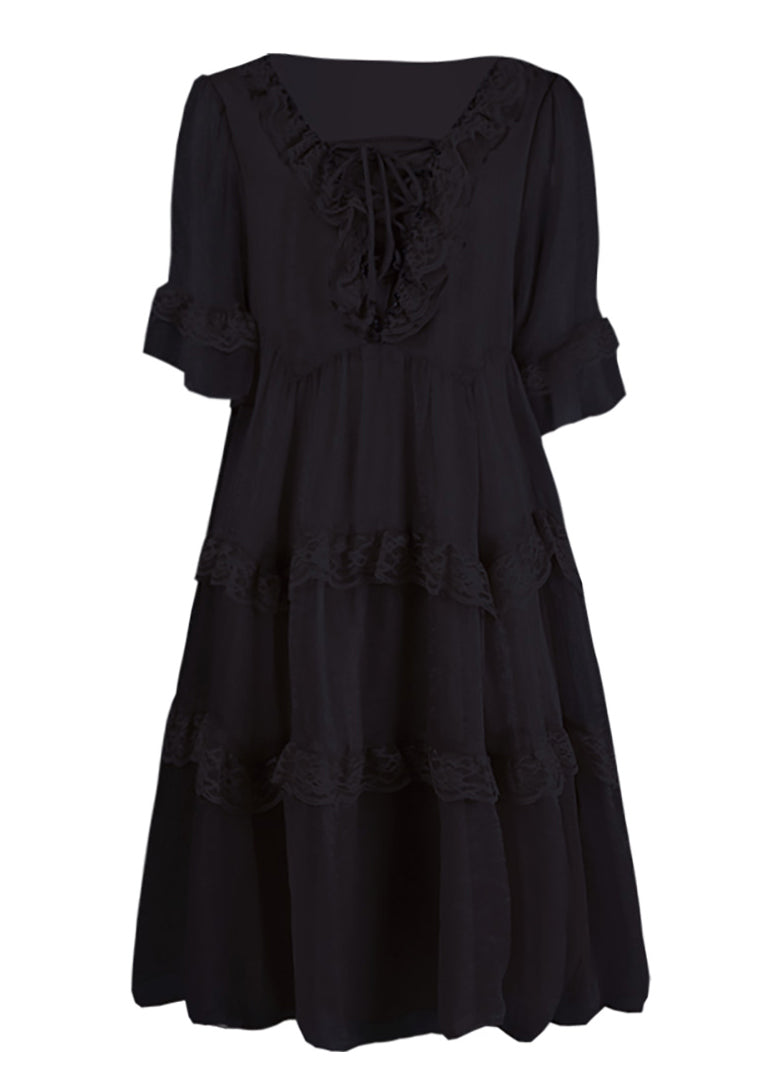 Schickes schwarzes Chiffon-Patchwork-Kleid mit Rüschen