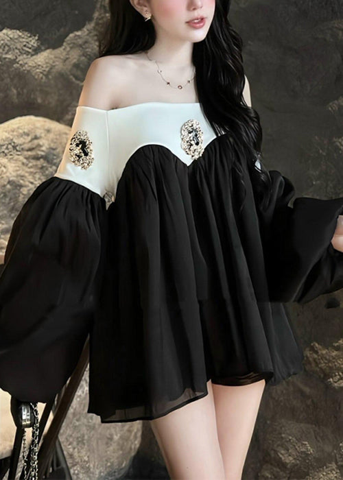 Laterne Chic Kleid Chiffon Patchwork Hals Mitte Schwarz Slash Ärmel