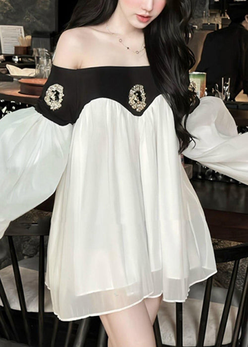 Laterne Chic Kleid Chiffon Patchwork Hals Mitte Schwarz Slash Ärmel