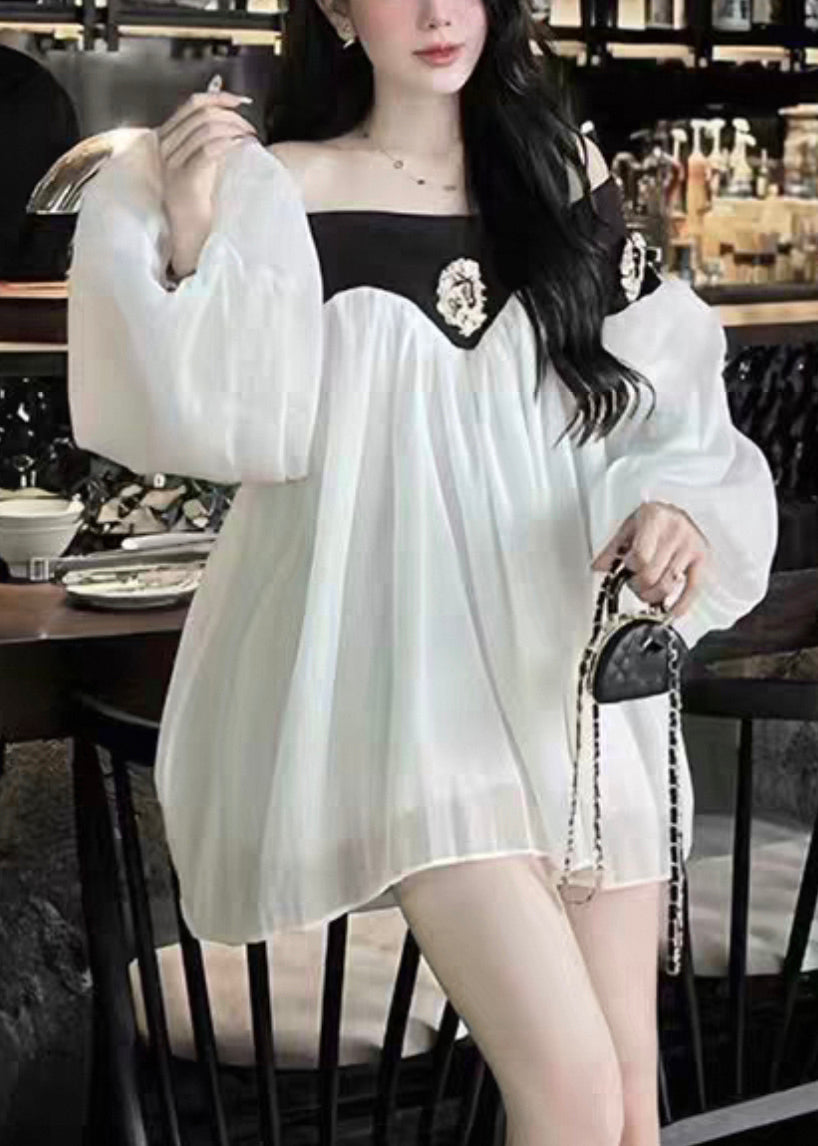 Laterne Chic Kleid Chiffon Patchwork Hals Mitte Schwarz Slash Ärmel
