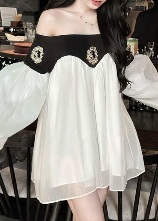 Laterne Chic Kleid Chiffon Patchwork Hals Mitte Schwarz Slash Ärmel