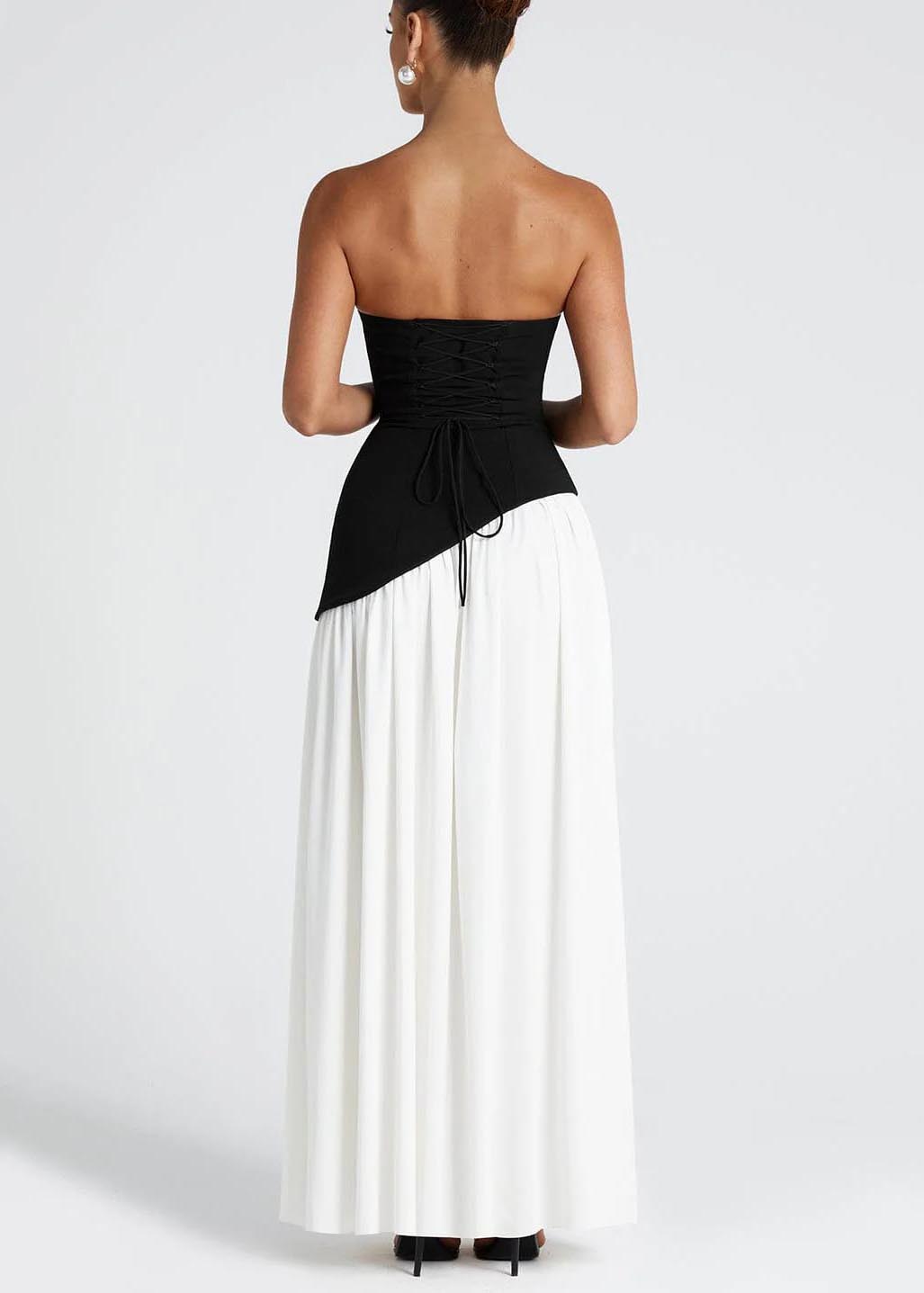Robe de soirée chic en mousseline de soie noire et blanche à patchwork ouvert sur le côté