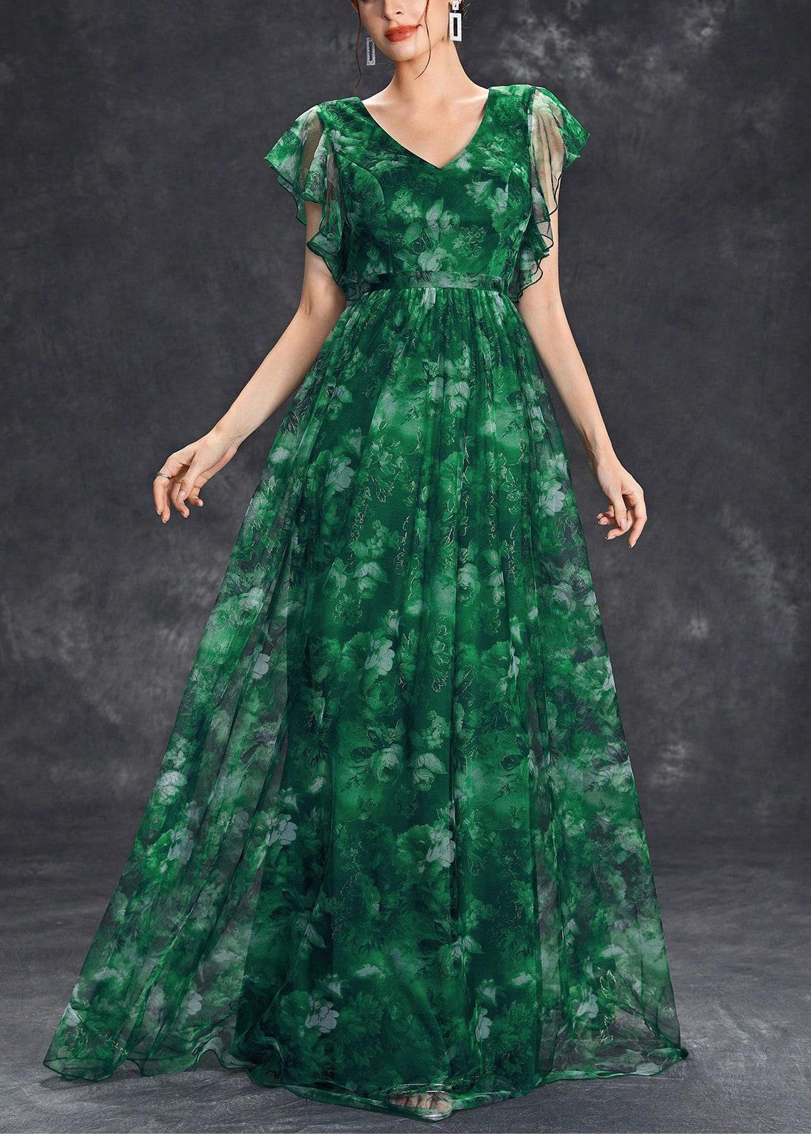 Robe longue tunique chic à volants en tulle noirâtre patchwork vert