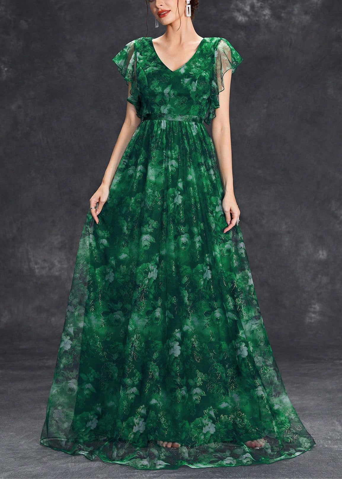 Robe longue tunique chic à volants en tulle noirâtre patchwork vert
