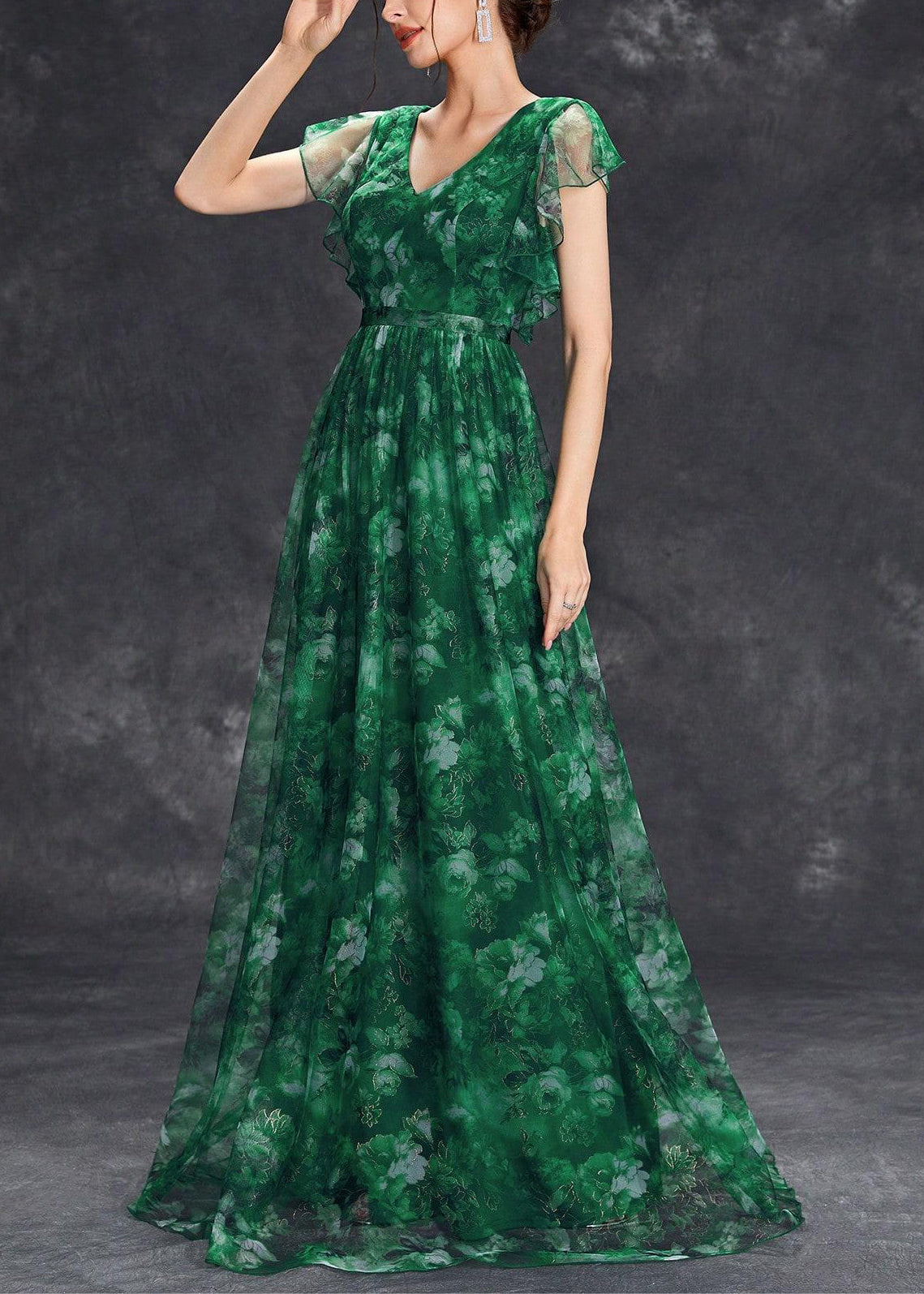 Robe longue tunique chic à volants en tulle noirâtre patchwork vert