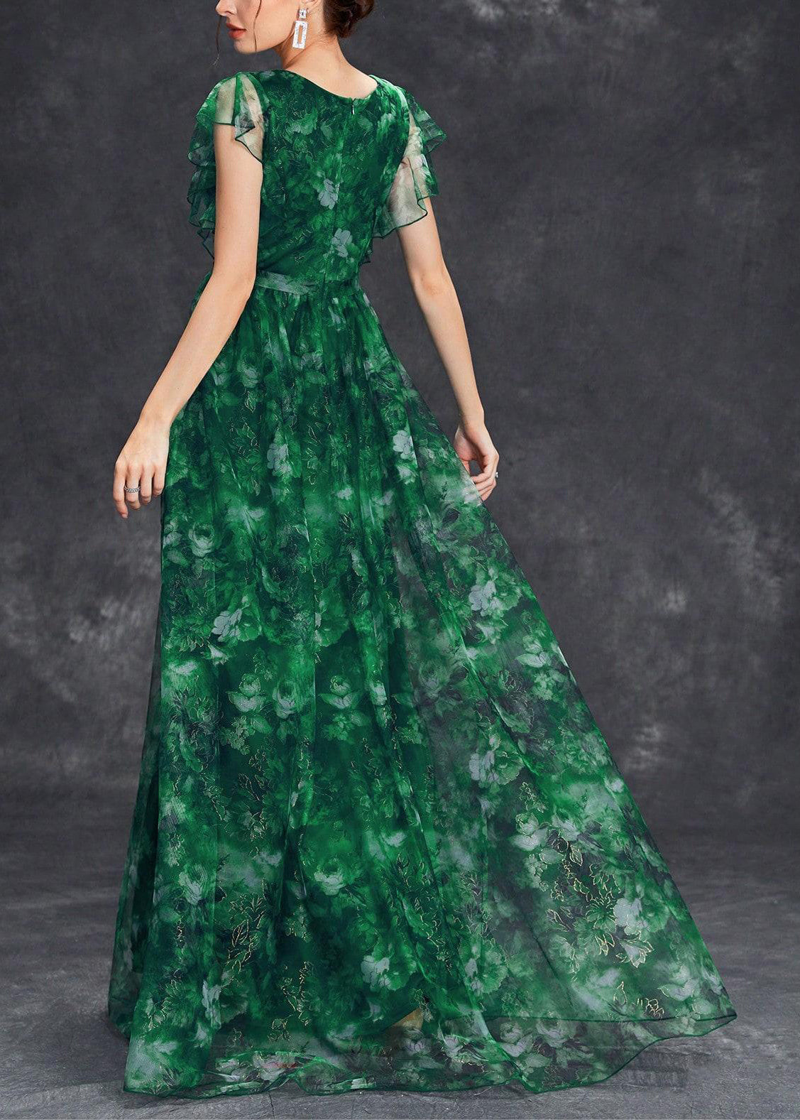Robe longue tunique chic à volants en tulle noirâtre patchwork vert