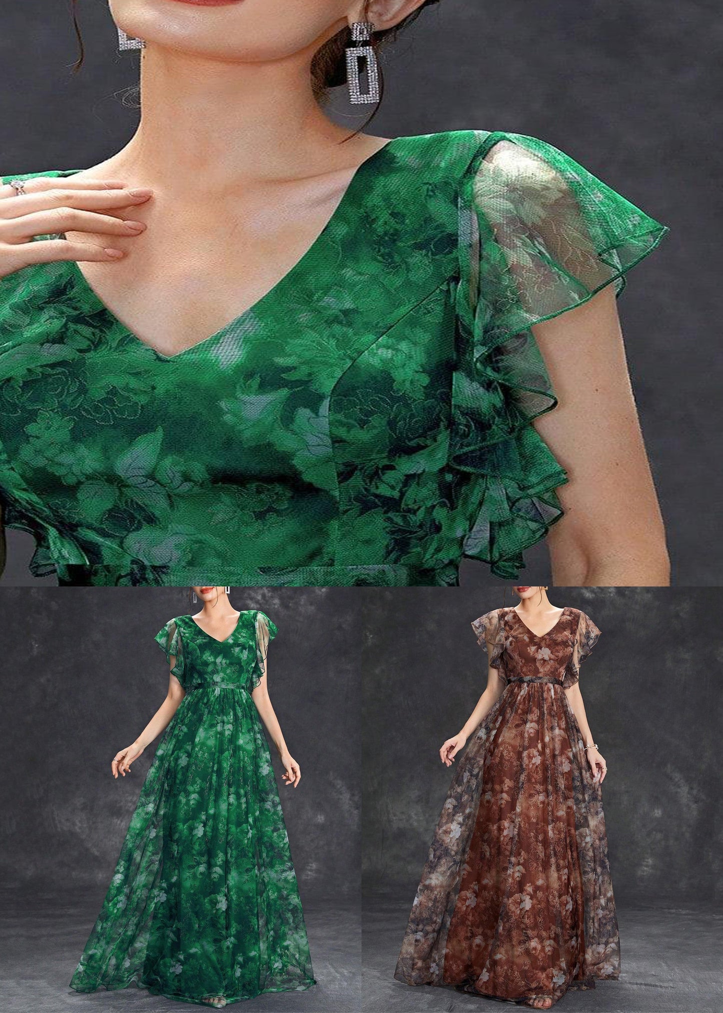 Robe longue tunique chic à volants en tulle noirâtre patchwork vert