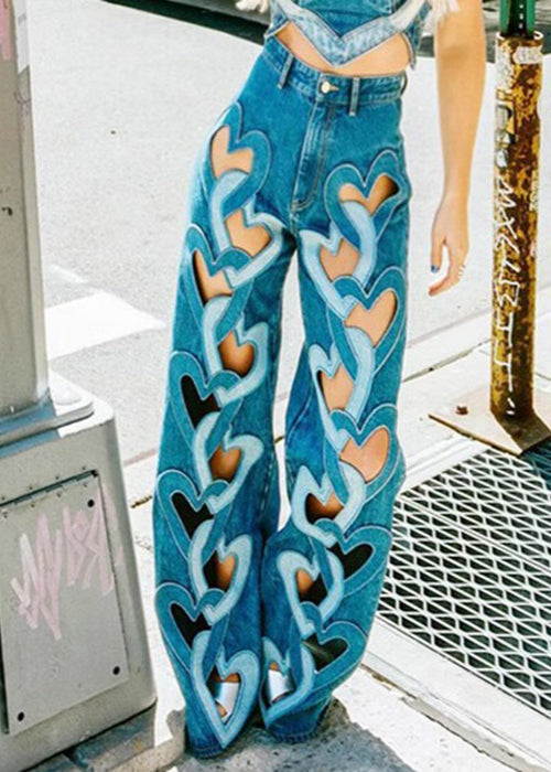 Pantalon en denim taille haute bleu ajouré chic printanier