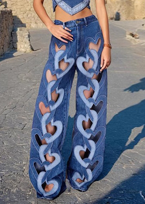 Pantalon en denim taille haute bleu ajouré chic printanier