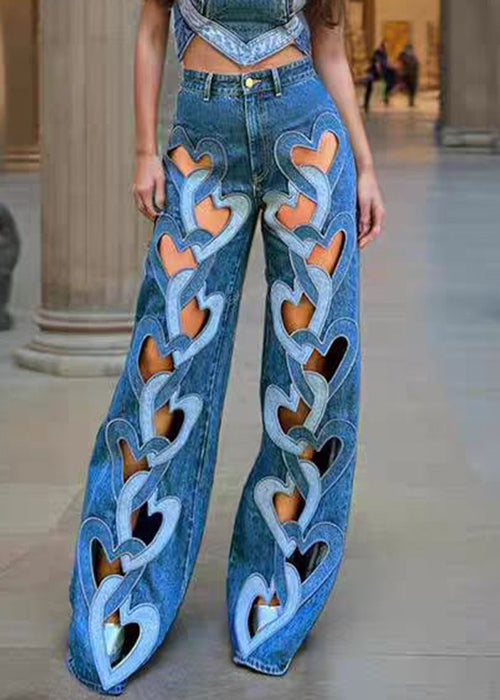 Pantalon en denim taille haute bleu ajouré chic printanier