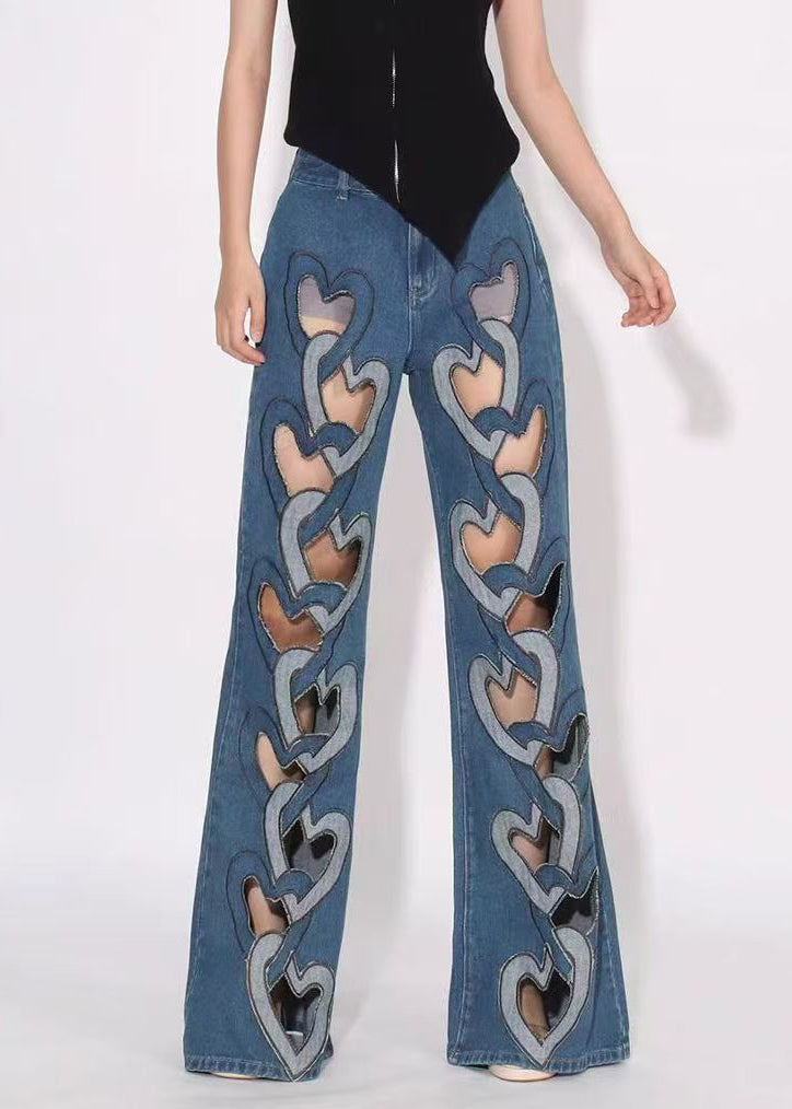 Pantalon en denim taille haute bleu ajouré chic printanier