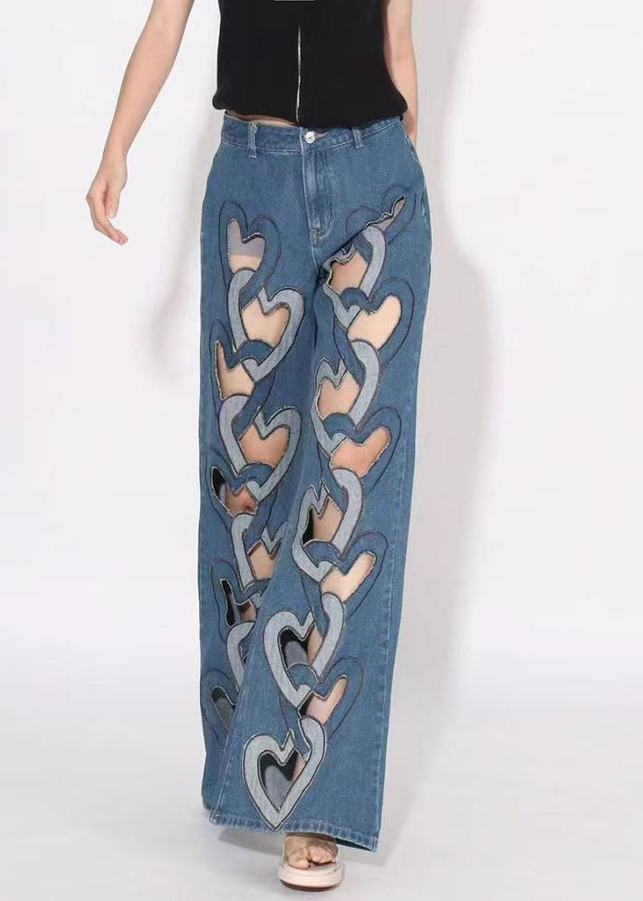 Pantalon en denim taille haute bleu ajouré chic printanier