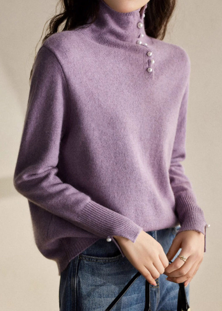 Pull en tricot de coton confortable à col roulé bleu chic et patchwork de perles, printemps TO033