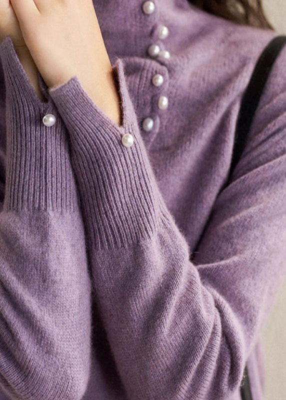 Pull en tricot de coton confortable à col roulé bleu chic et patchwork de perles, printemps TO033