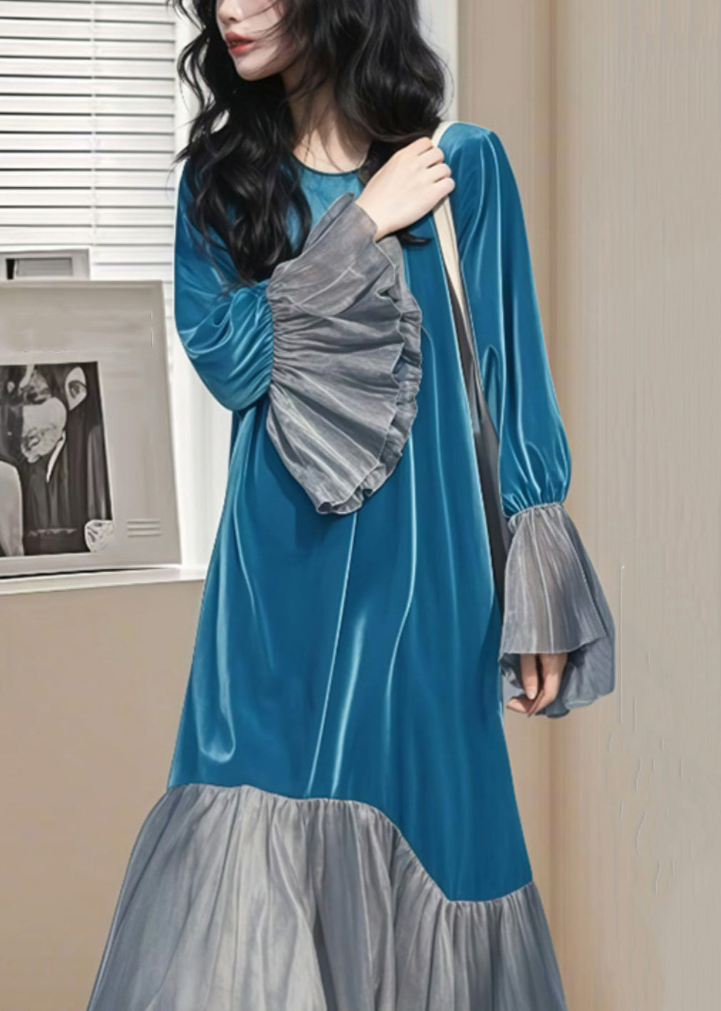 Lange Patchwork-Ärmel Falten Seide Blau Kleid Flare Velvet Chic