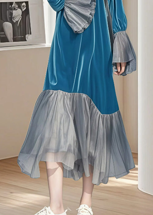 Lange Patchwork-Ärmel Falten Seide Blau Kleid Flare Velvet Chic