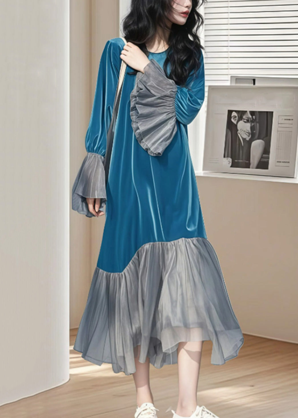 Lange Patchwork-Ärmel Falten Seide Blau Kleid Flare Velvet Chic