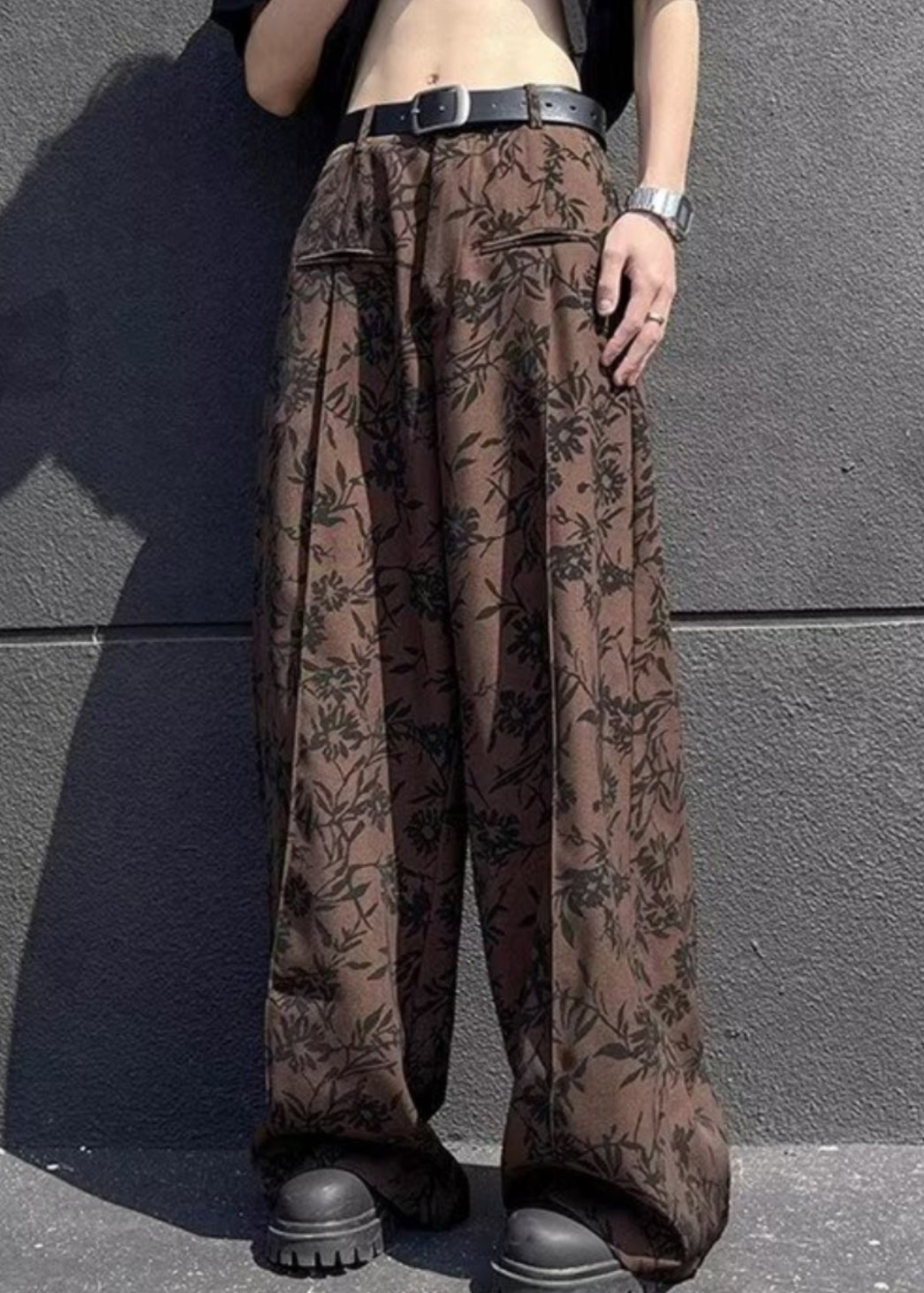 Pantalon d'été chic en coton à jambes larges et imprimé taille haute pour homme
