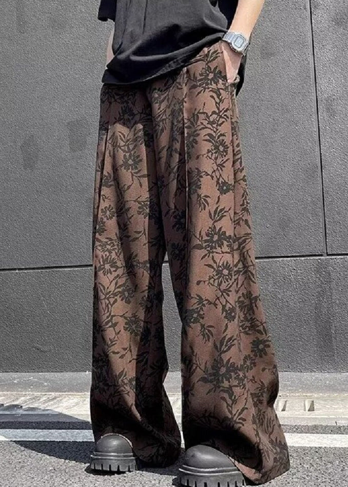 Pantalon d'été chic en coton à jambes larges et imprimé taille haute pour homme