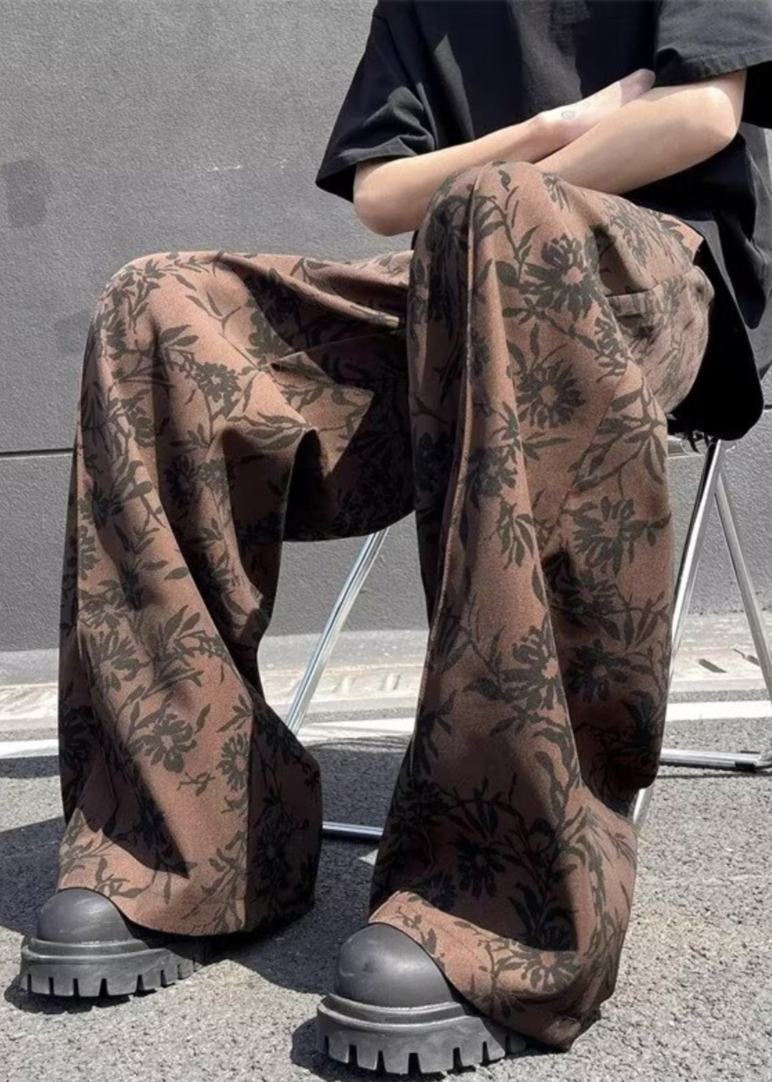 Pantalon d'été chic en coton à jambes larges et imprimé taille haute pour homme