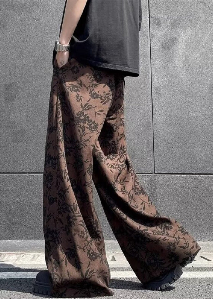 Pantalon d'été chic en coton à jambes larges et imprimé taille haute pour homme