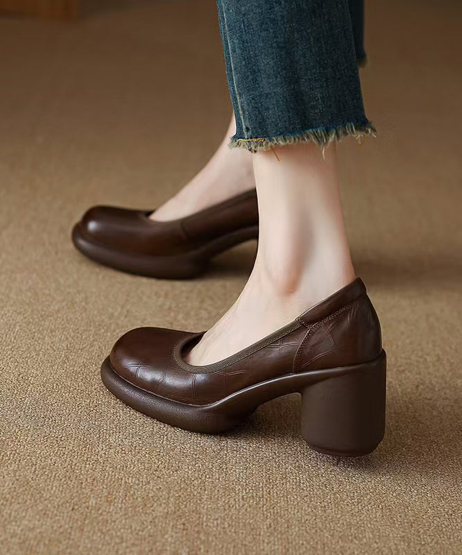Chic Comfy Brown Cowhide Leather Embossed Loafer Shoes YC005