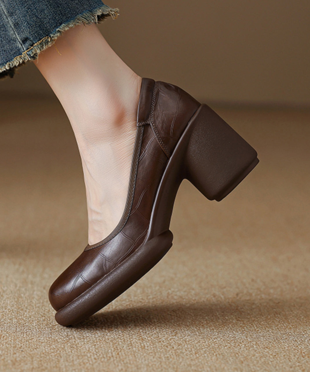 Chic Comfy Brown Cowhide Leather Embossed Loafer Shoes YC005