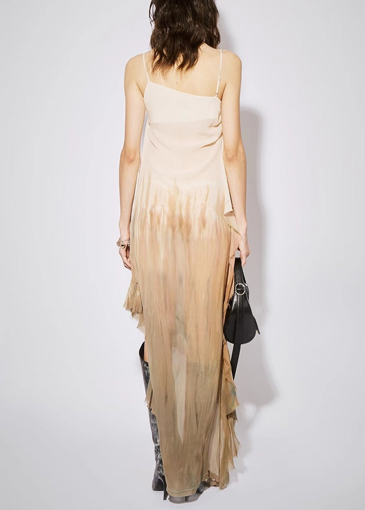 Schickes ärmelloses Baumwollkleid mit Farbverlauf und Rüschen, niedrigem und hohem Design KK069