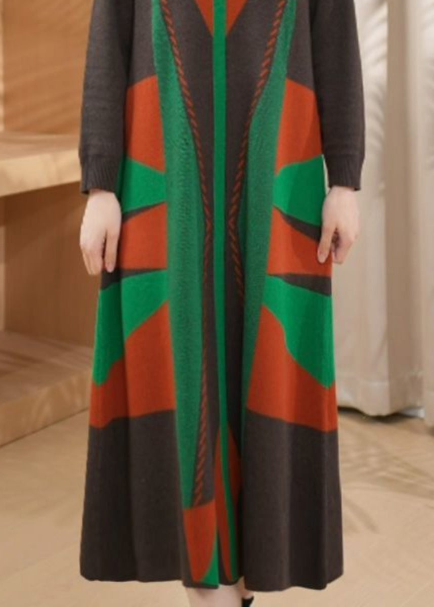 Robe longue en laine verte chic à col rond et motif géométrique, idéale pour l'hiver, RF012