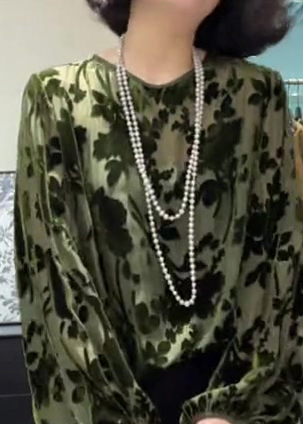 Haut chic vert en velours de soie jacquard à col rond Automne WP040