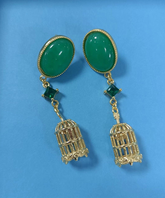 Chic Green Sterling Silver Overgild Hollow Out Birdcage Drop Earrings QQ065