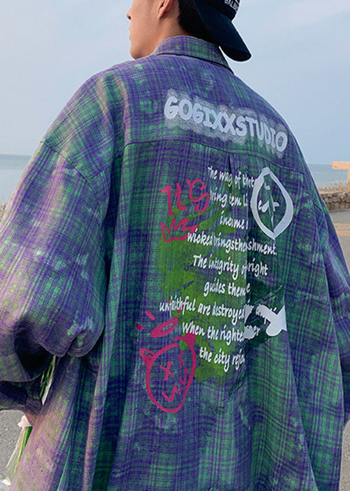 Chemises à carreaux surdimensionnées en coton vert pour homme, teinture printanière, cravate