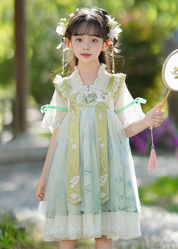 Kleid mit Rüschenkragen, schick, Patchwork, V-Ausschnitt, Maxi, grün, Chiffon, für Kinder