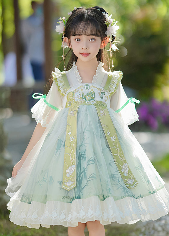 Kleid mit Rüschenkragen, schick, Patchwork, V-Ausschnitt, Maxi, grün, Chiffon, für Kinder