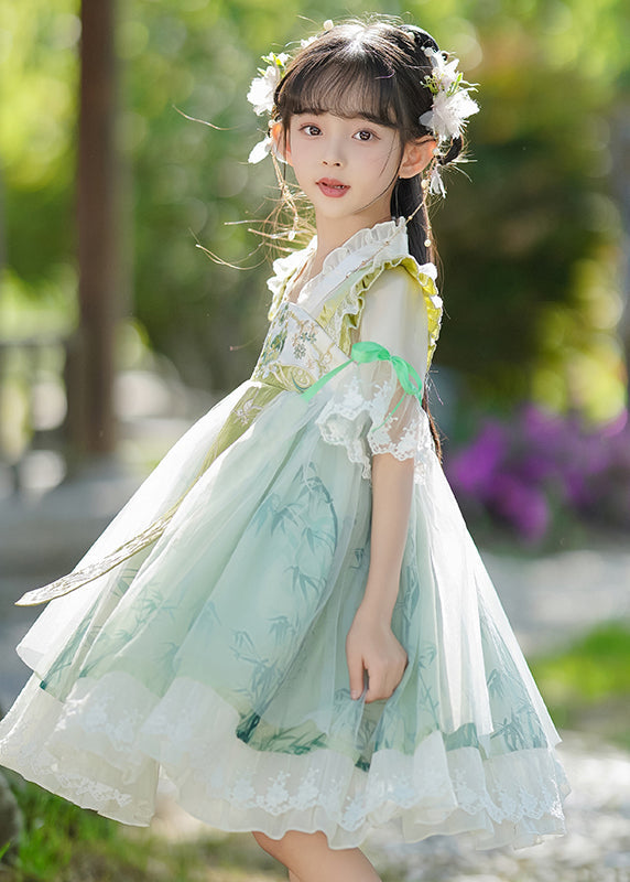 Kleid mit Rüschenkragen, schick, Patchwork, V-Ausschnitt, Maxi, grün, Chiffon, für Kinder