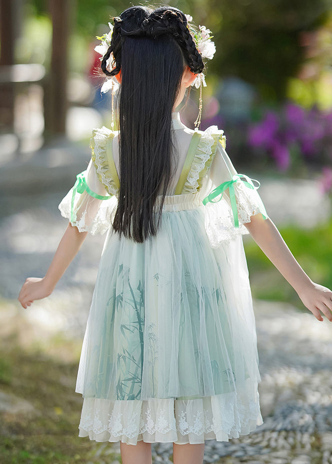 Kleid mit Rüschenkragen, schick, Patchwork, V-Ausschnitt, Maxi, grün, Chiffon, für Kinder