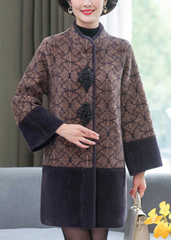 Schicker grauer Stehkragen-Print-Patchwork-Nerz-Samtmantel Frühling TA013