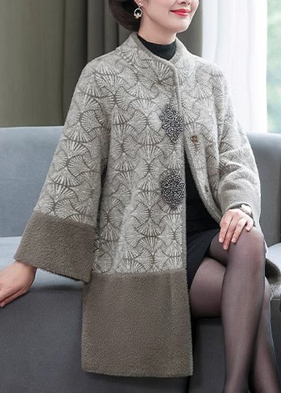 Schicker grauer Stehkragen-Print-Patchwork-Nerz-Samtmantel Frühling TA013