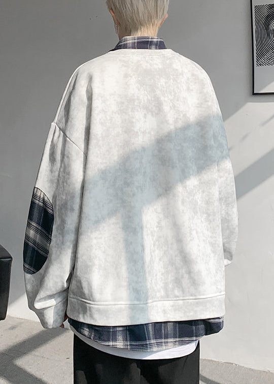 Warm Tie Sweatshirts Mens Chic Plaid Patchwork Grey Dye Fleece